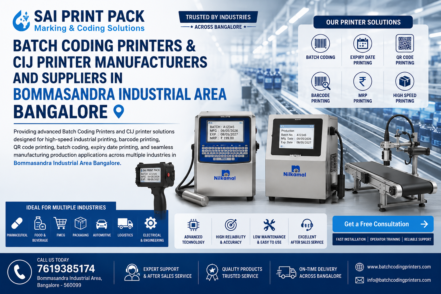 Batch Coding Printers and CIJ Printer manufacturers and suppliers in Bommasandra Industrial Area Bangalore industrial coding machine banner by Sai Print Pack