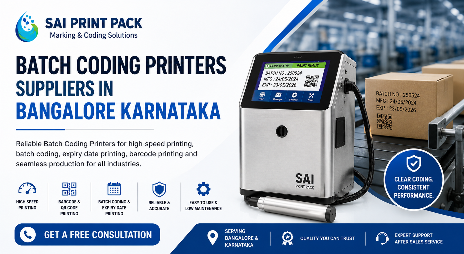 Batch Coding Printers Suppliers in Bangalore Karnataka banner by Sai Print Pack featuring industrial coding machine and packaging line
