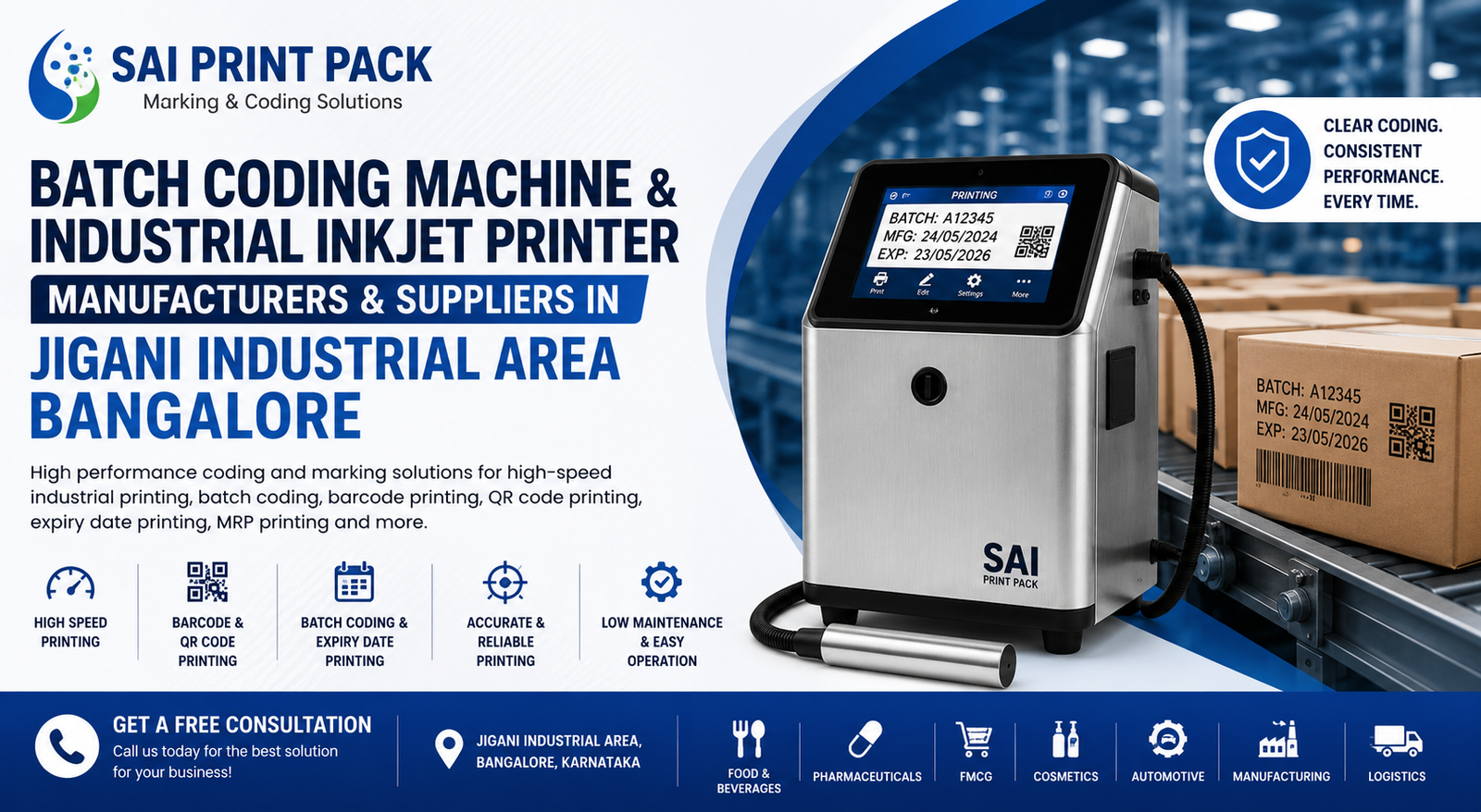 Batch Coding Machine and Industrial Inkjet Printer banner in Jigani Industrial Area Bangalore featuring industrial coding printer and packaging conveyor system