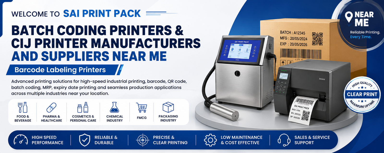 Batch Coding Printers and CIJ Printer Manufacturers and Suppliers Near Me banner with barcode labeling printers and industrial coding solutions