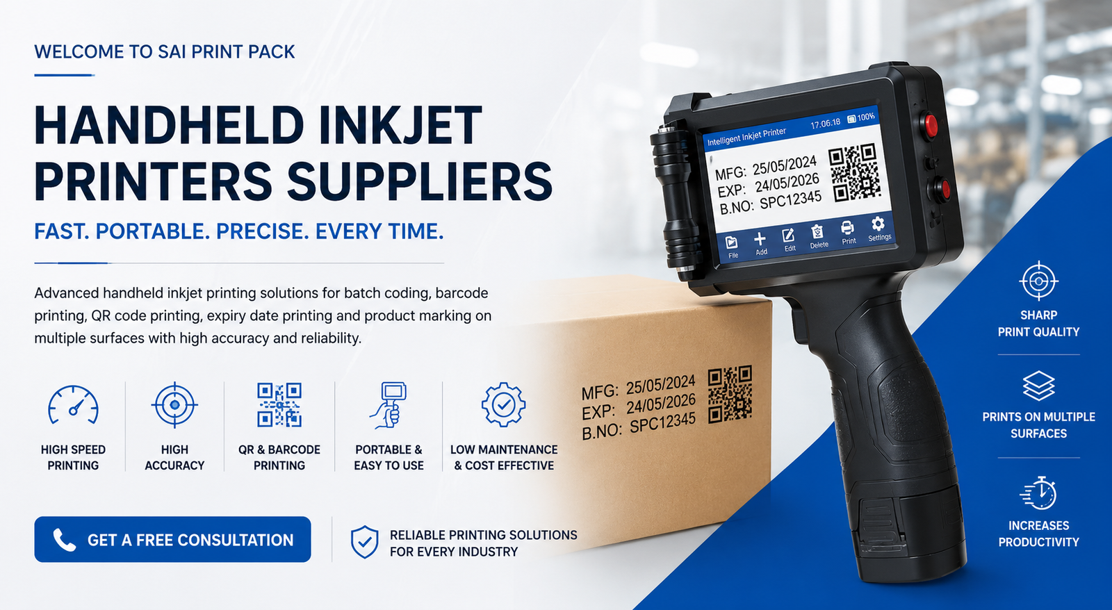 Handheld inkjet printer used for batch coding, QR code printing, barcode printing, and expiry date marking on industrial packaging boxes.