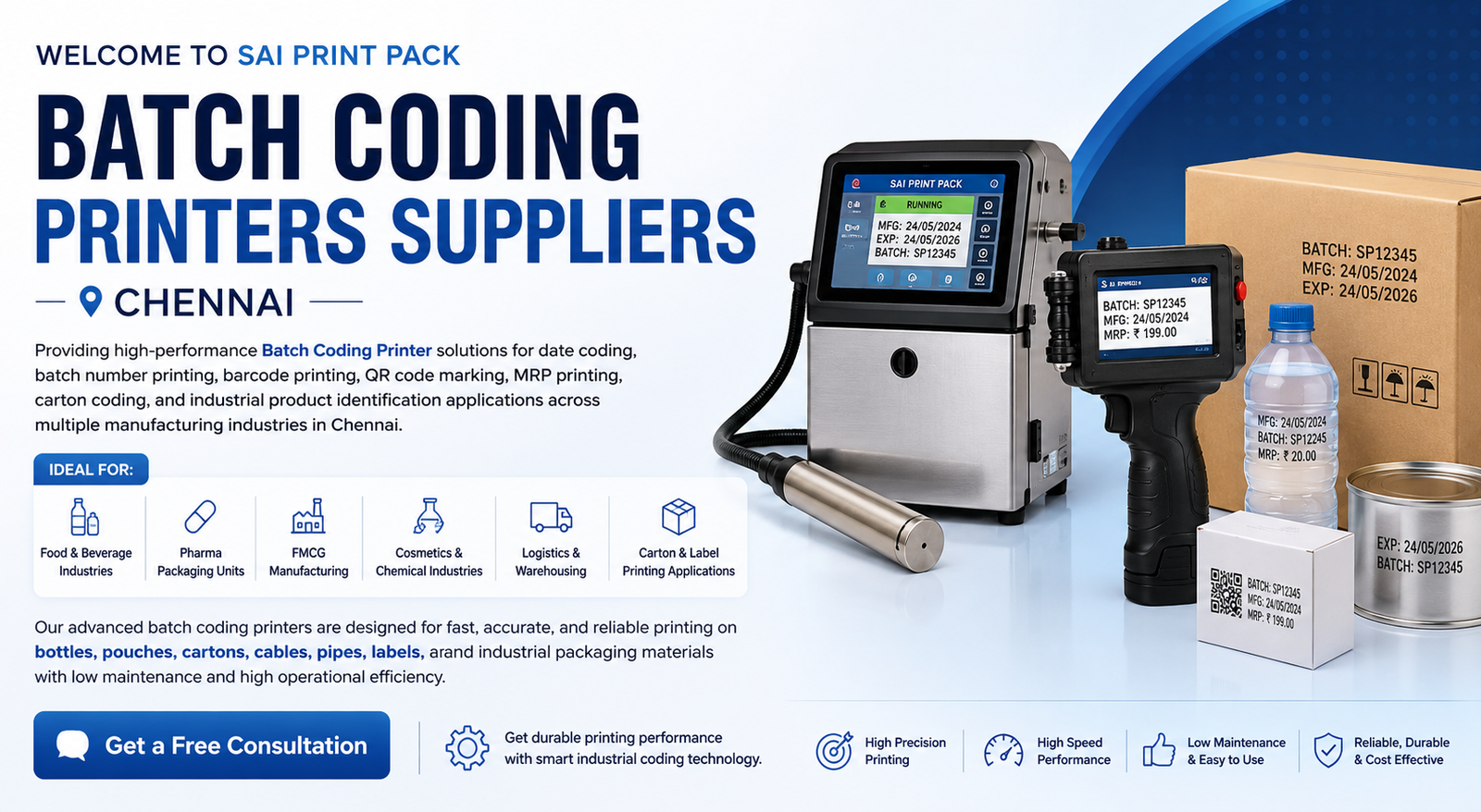 Batch Coding Printers Suppliers Chennai banner featuring industrial inkjet coding machines for barcode printing, QR code printing, MRP printing, carton coding, and packaging applications.