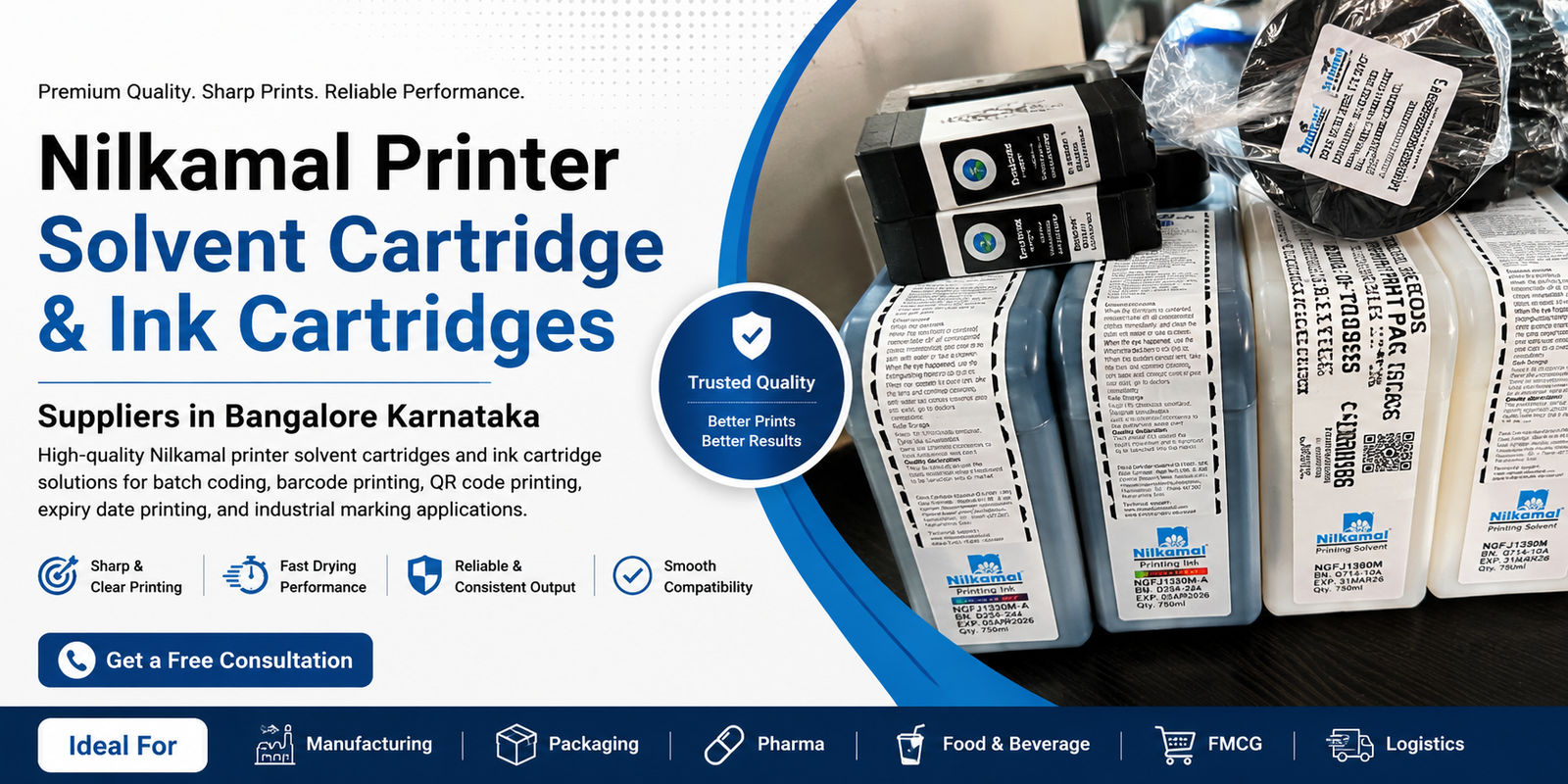 Nilkamal printer solvent cartridges and ink cartridges for industrial batch coding and barcode printing in Bangalore Karnataka
