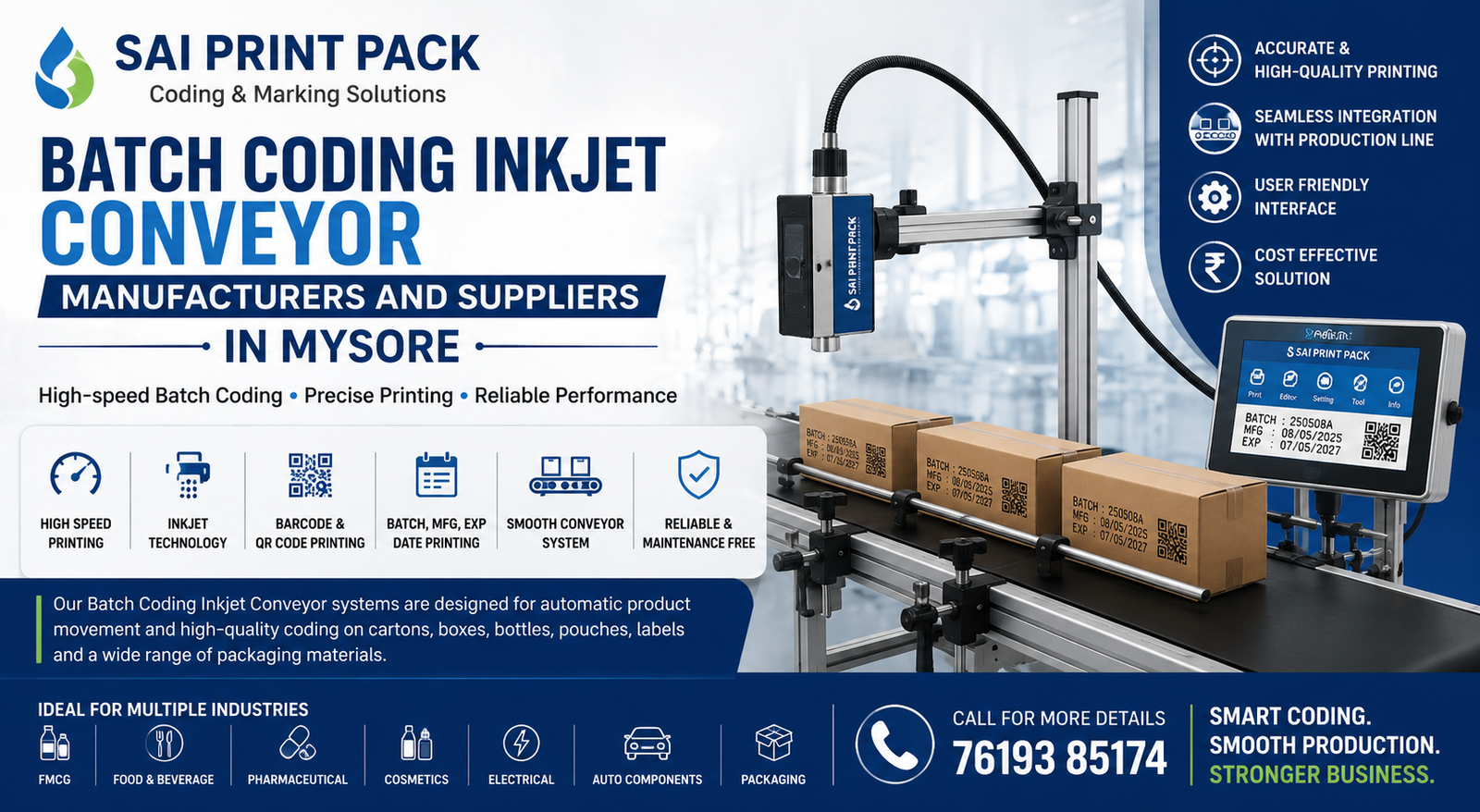 Batch Coding Inkjet Conveyor manufacturers and suppliers in Mysore industrial conveyor coding machine banner by Sai Print Pack