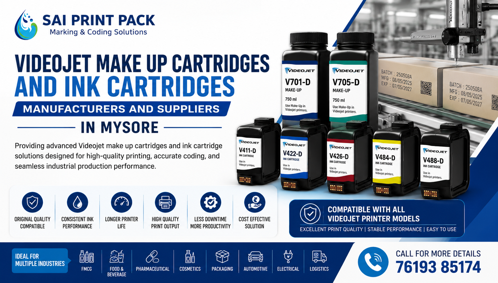 Videojet make up cartridges and ink cartridge manufacturers and suppliers in Mysore industrial printing consumables banner by Sai Print Pack