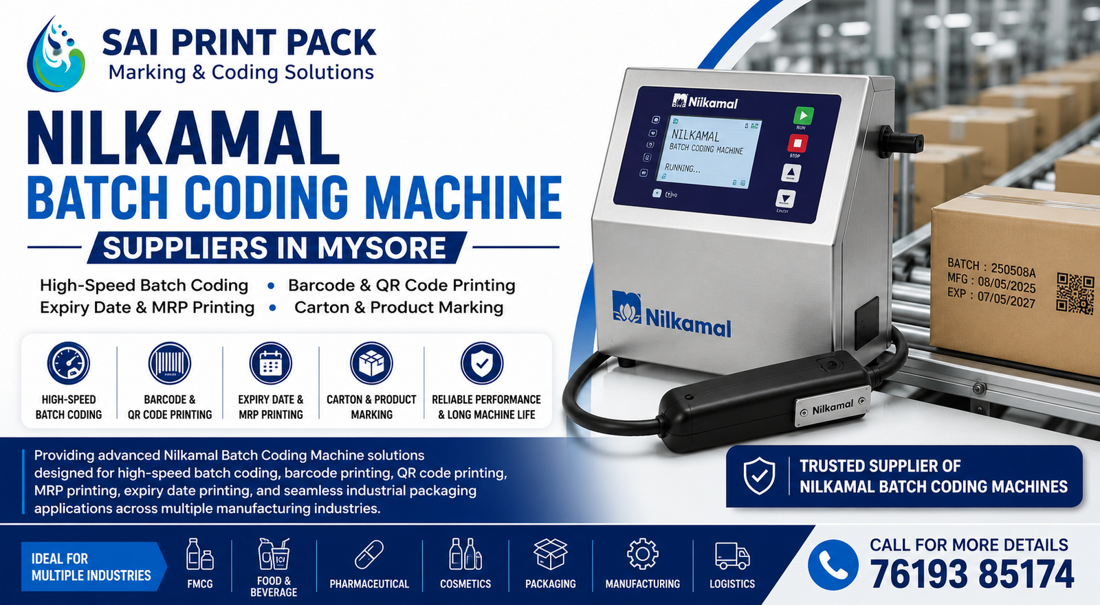 Nilkamal Batch Coding Machine suppliers in Mysore industrial coding machine banner by Sai Print Pack