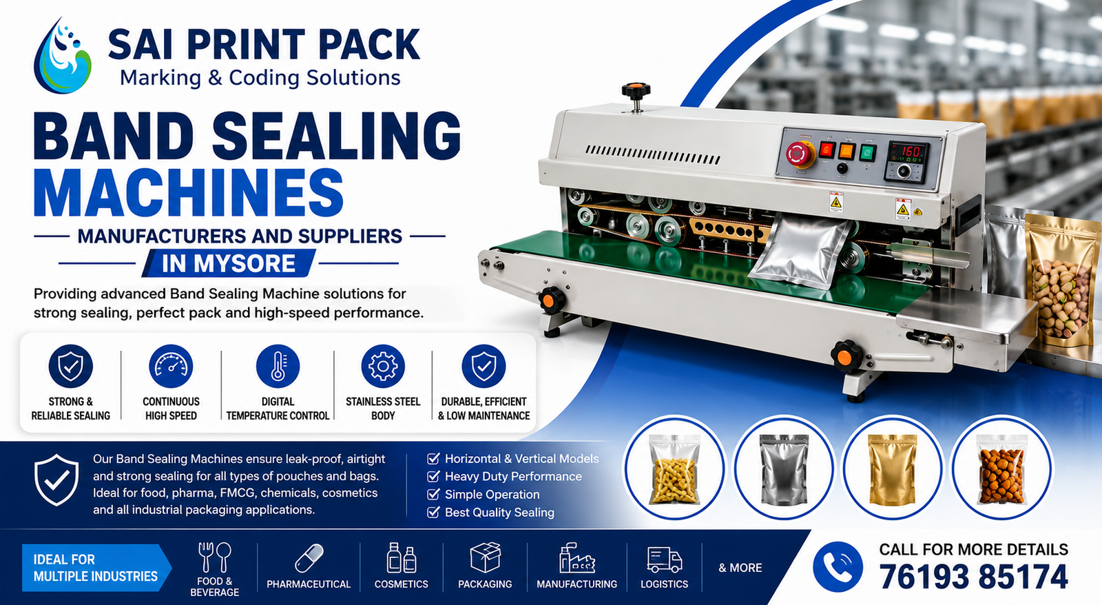 Band Sealing Machines manufacturers and suppliers in Mysore industrial pouch sealing machine banner by Sai Print Pack