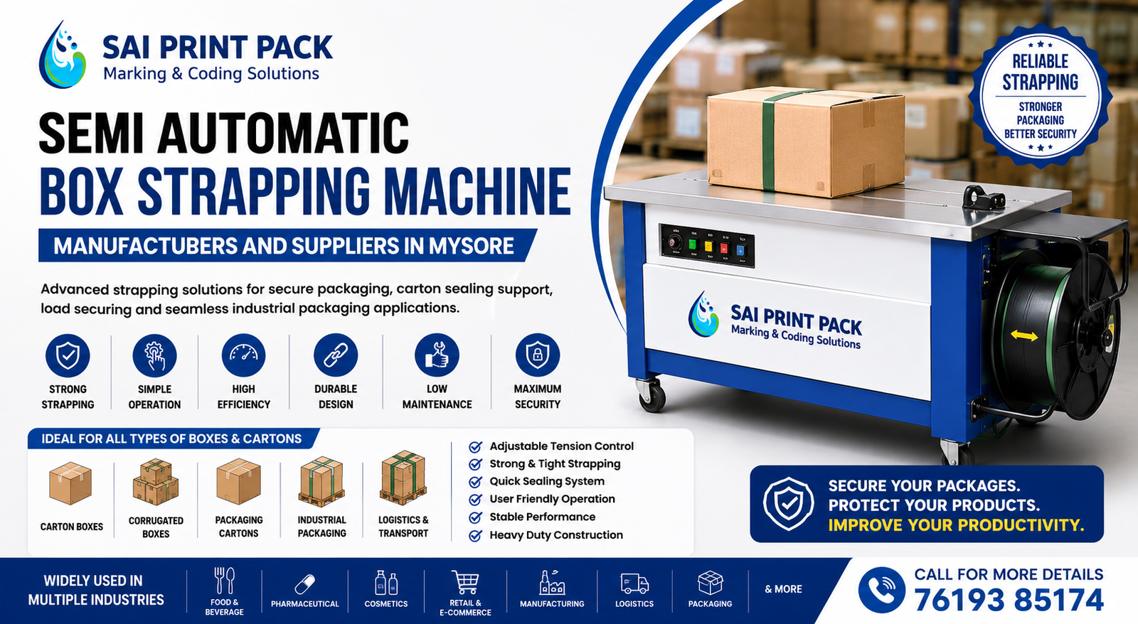 Semi Automatic Box Strapping Machine manufacturers and suppliers in Mysore industrial packaging machine banner by Sai Print Pack