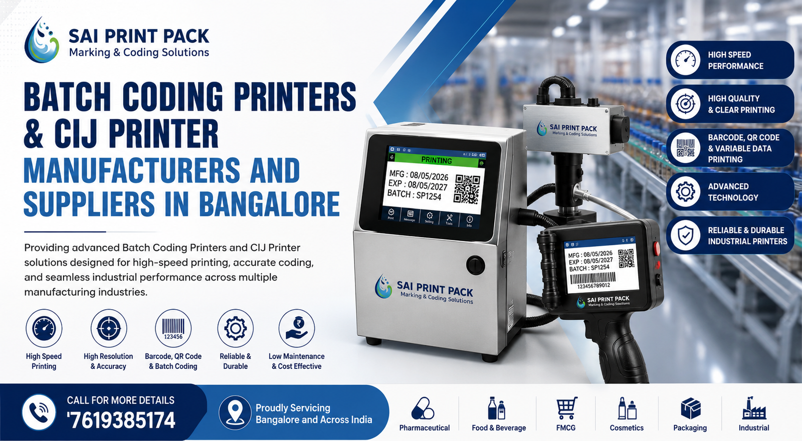 Batch Coding Printers and CIJ Printer manufacturers and suppliers in Bangalore industrial coding machine banner by Sai Print Pack