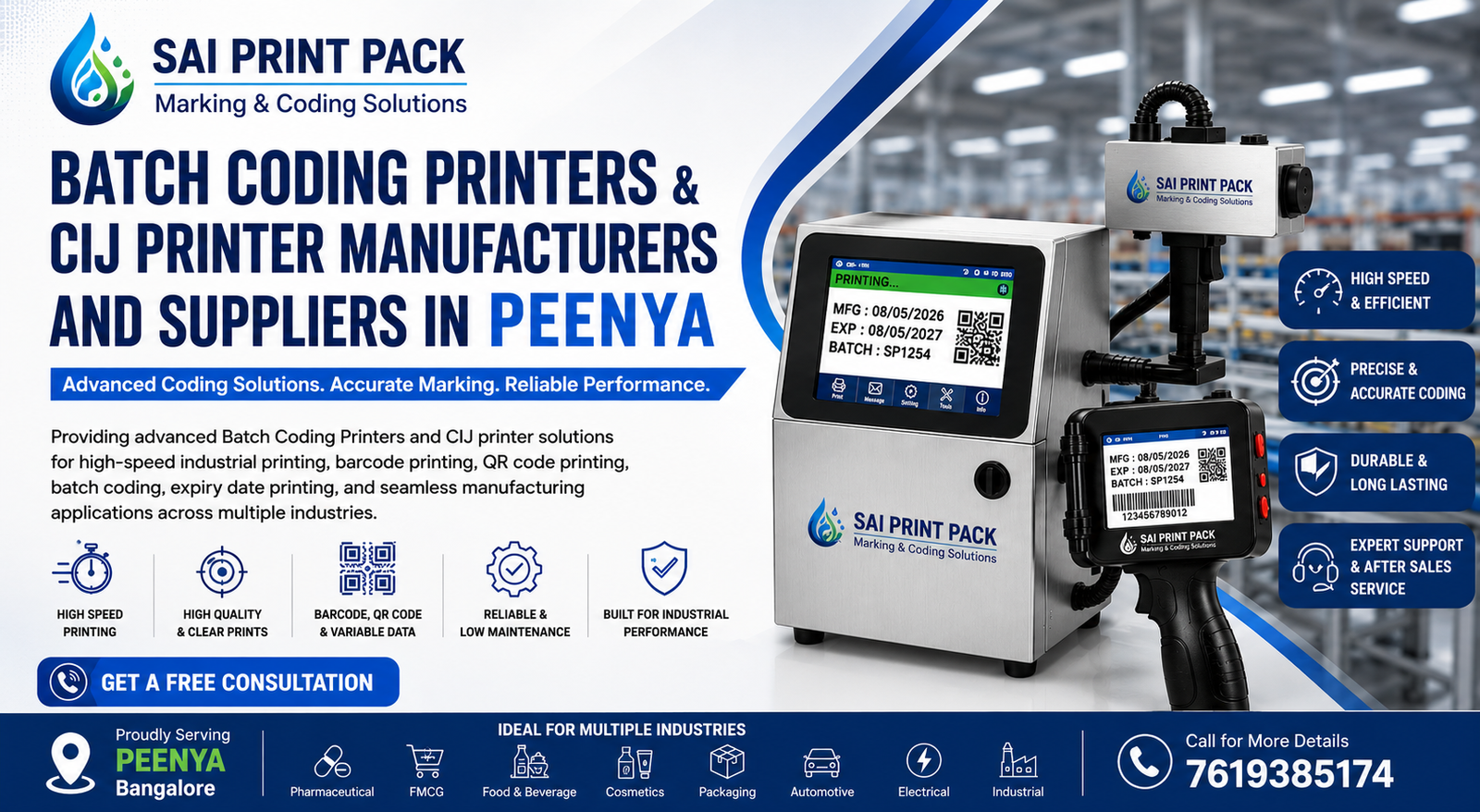Batch Coding Printers and CIJ Printer manufacturers and suppliers in Peenya industrial coding machine banner by Sai Print Pack
