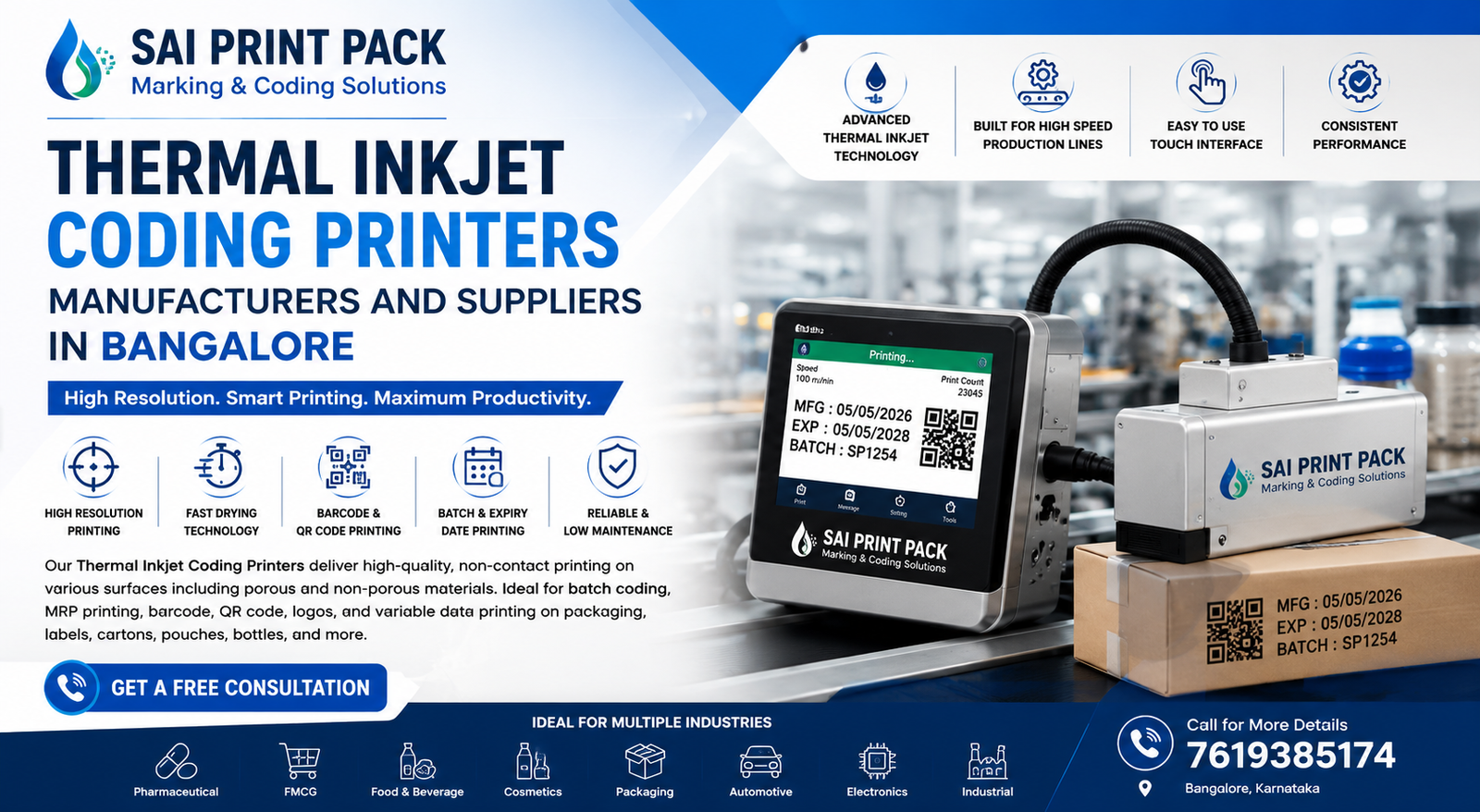 Thermal Inkjet Coding Printers manufacturers and suppliers in Bangalore industrial coding machine banner by Sai Print Pack