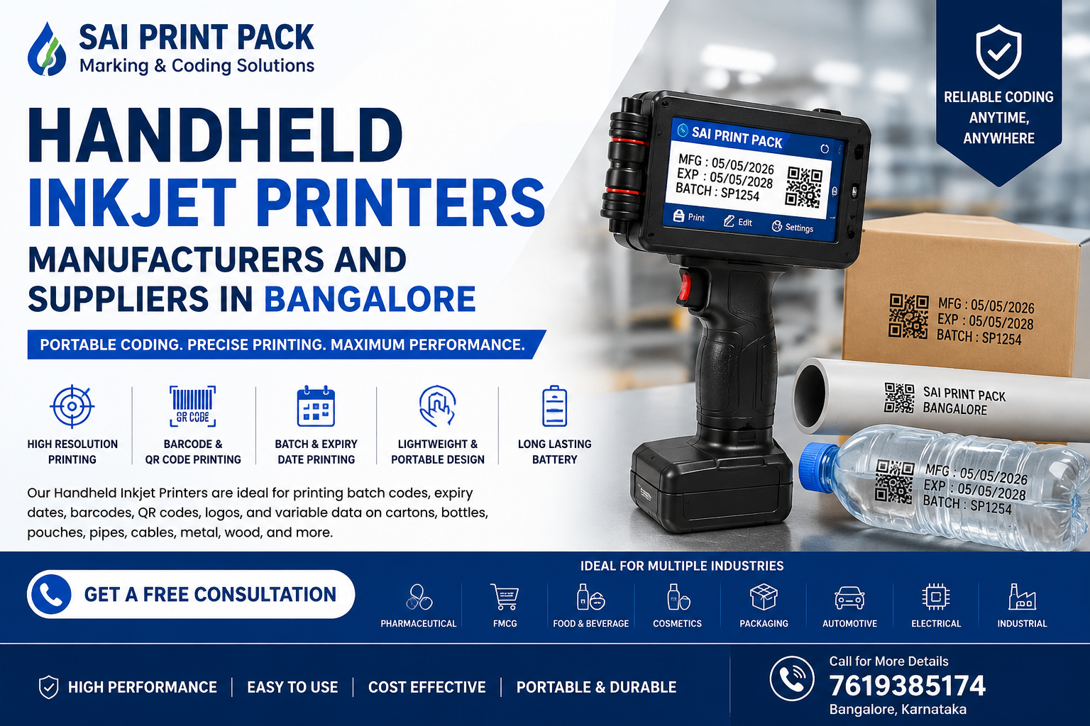 Handheld Inkjet Printer manufacturers and suppliers in Bangalore industrial portable coding machine banner by Sai Print Pack