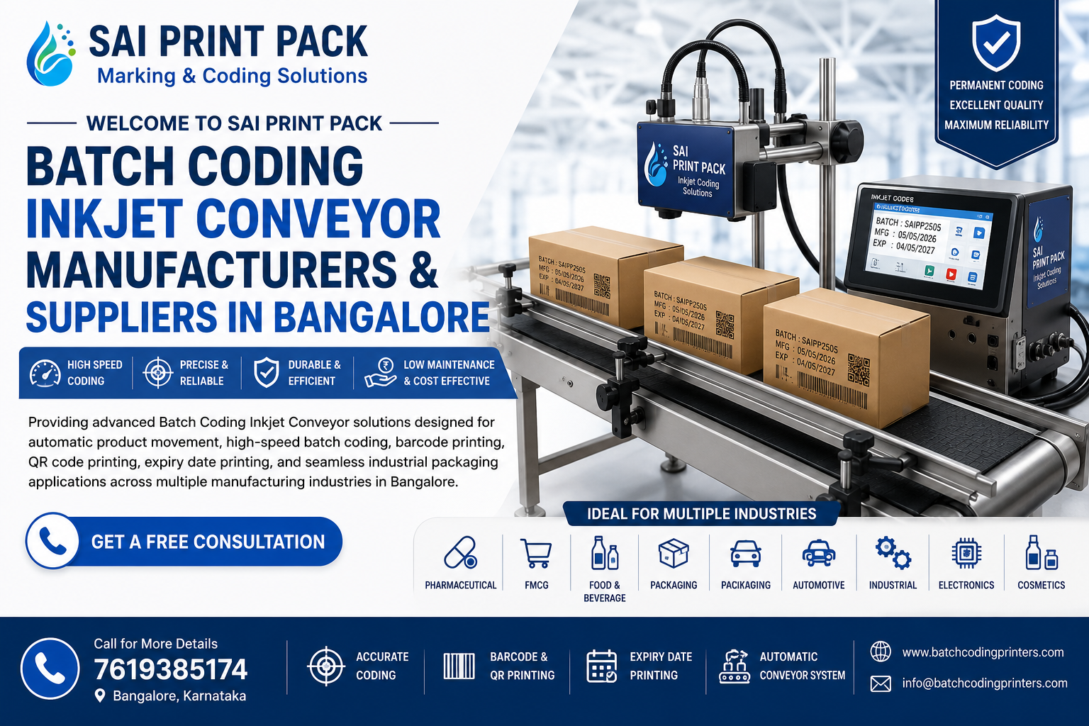 Batch Coding Inkjet Conveyor manufacturers and suppliers in Bangalore industrial conveyor coding machine banner by Sai Print Pack