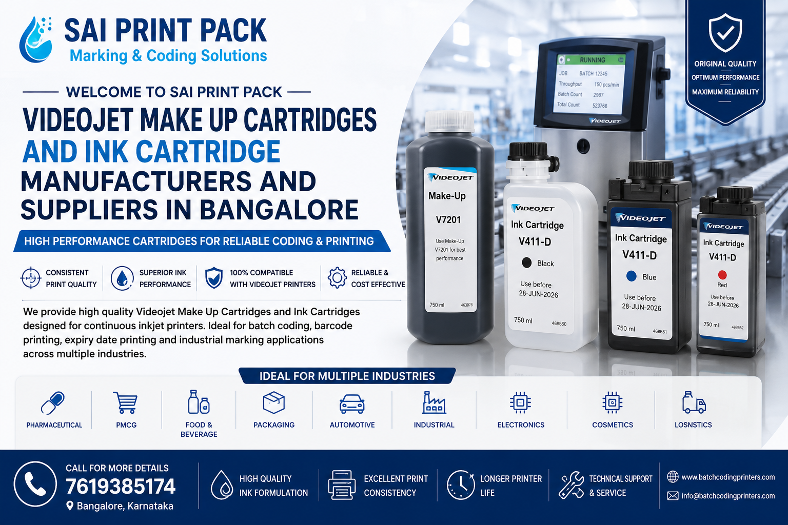 Videojet make up cartridges and ink cartridge manufacturers and suppliers in Bangalore industrial printing consumables banner by Sai Print Pack