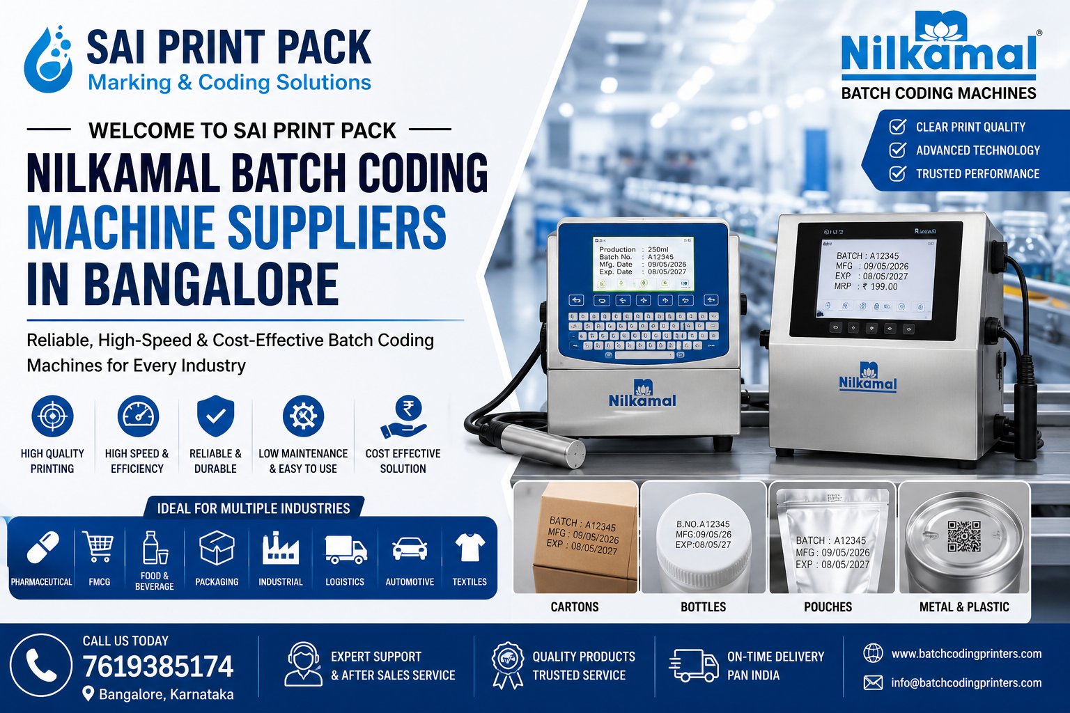 Nilkamal batch coding machine suppliers in Bangalore industrial coding machine banner by Sai Print Pack