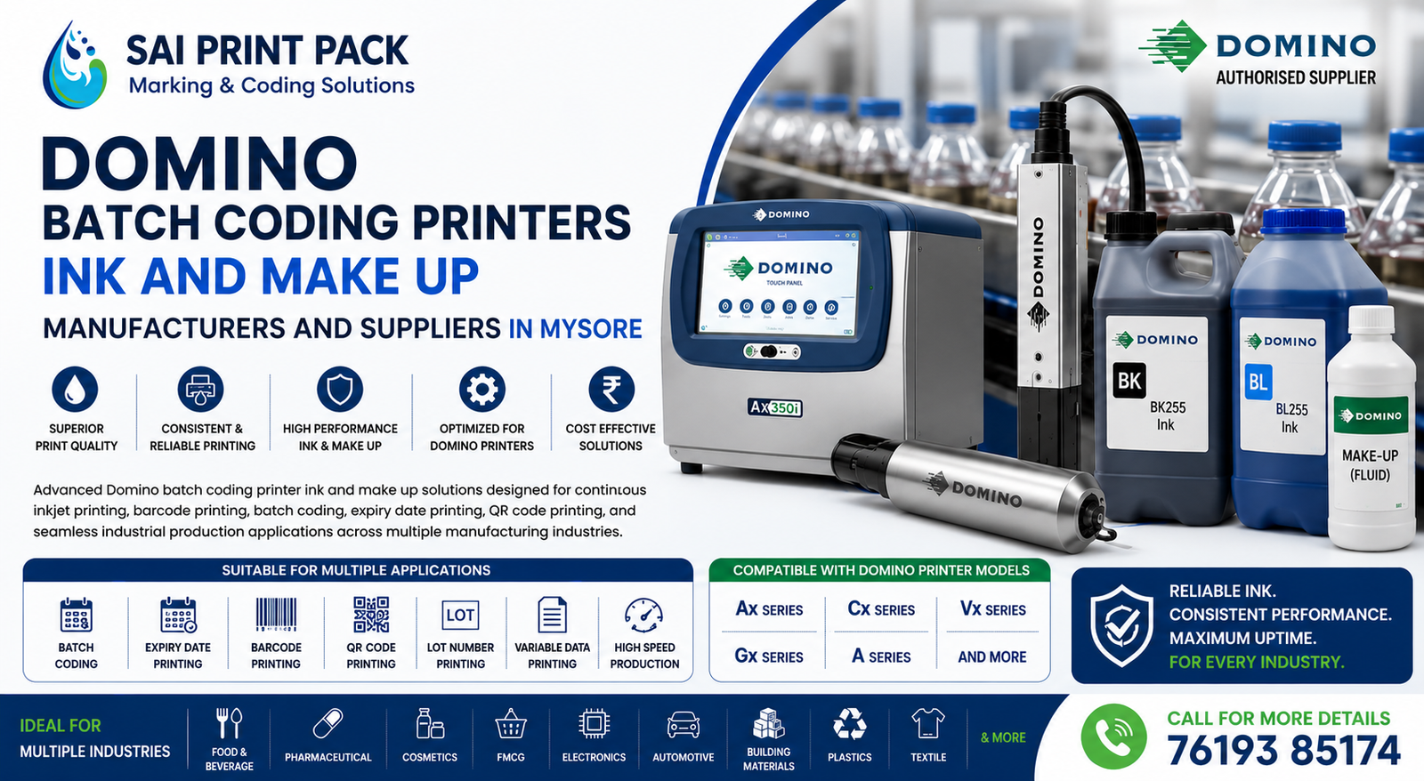 Domino batch coding printers ink and make up manufacturers and suppliers in Mysore industrial printing consumables banner by Sai Print Pack