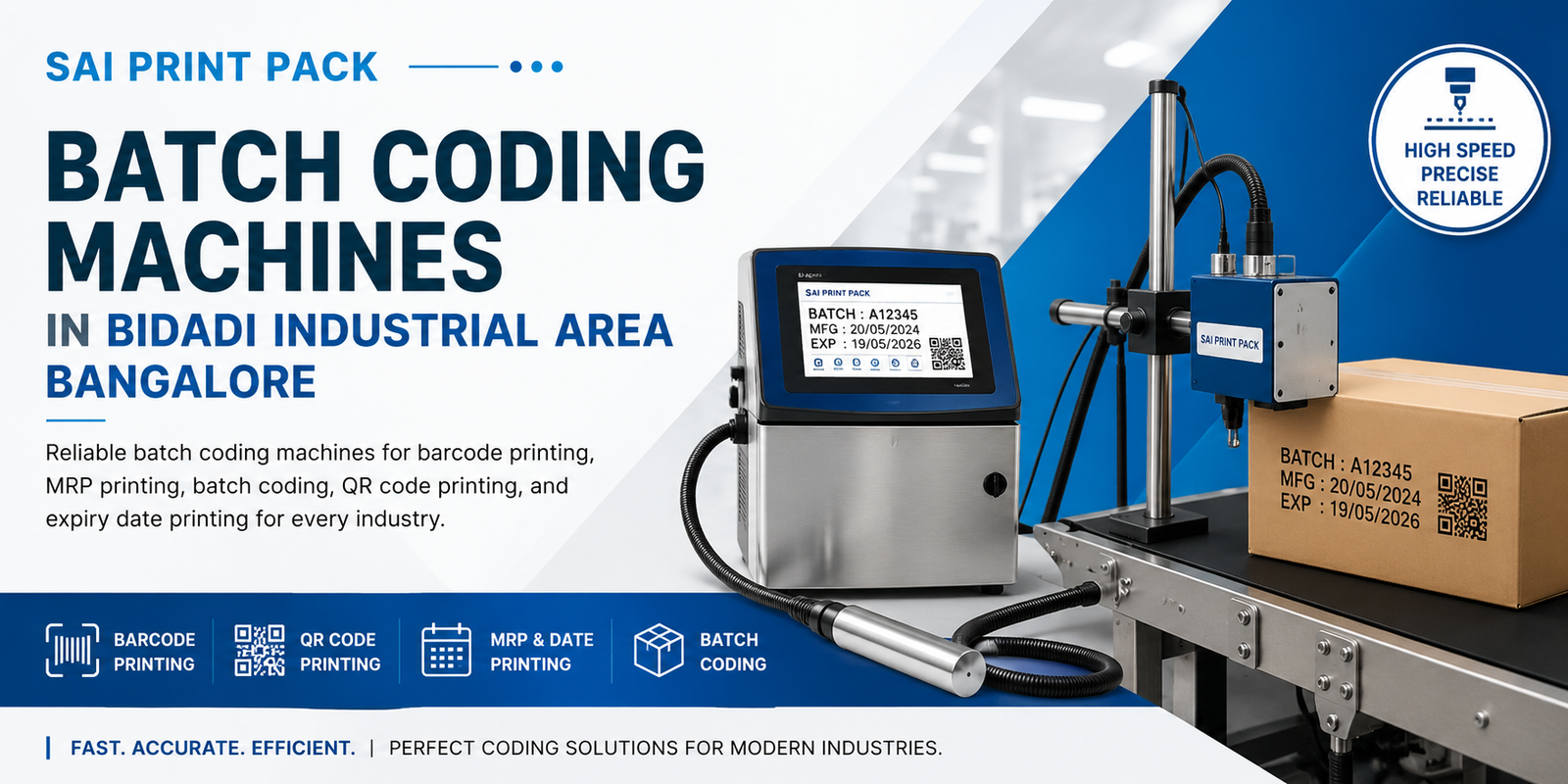 Batch coding machine used for barcode printing, QR code printing, MRP printing, and expiry date coding in Bidadi Industrial Area Bangalore.